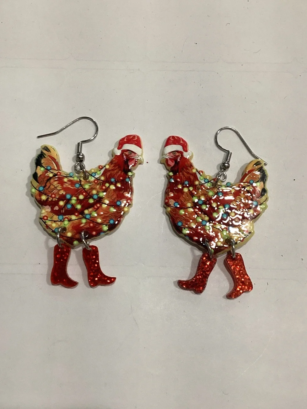 Festive Hen Dangle Earrings in Red and Multicolor